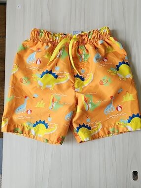 Boys Orange Dinosaur Swim Shorts with Yellow Drawstring